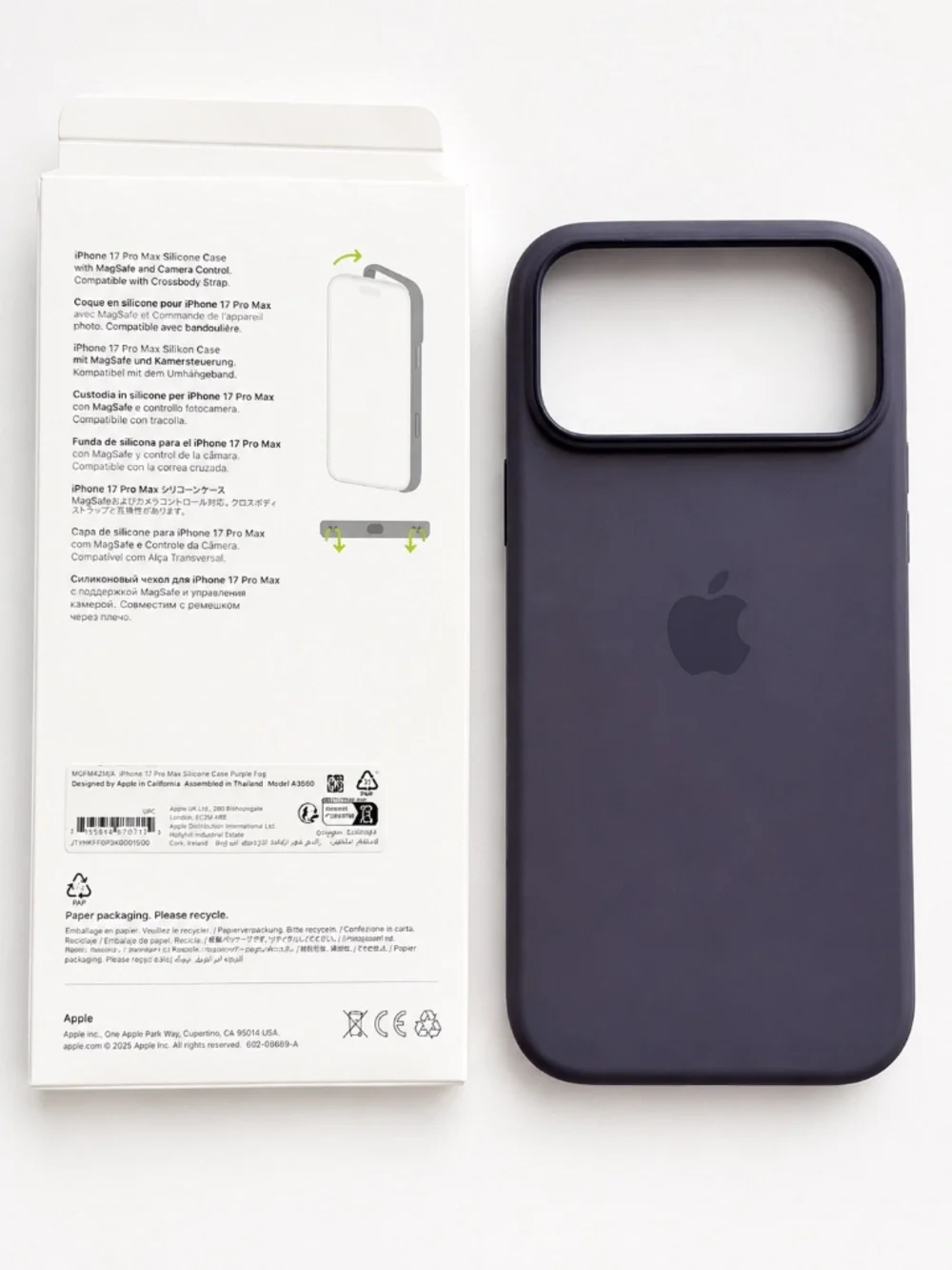 Genuine Apple iPhone 17 Pro Max Silicone Case with MagSafe in Purple Fog.